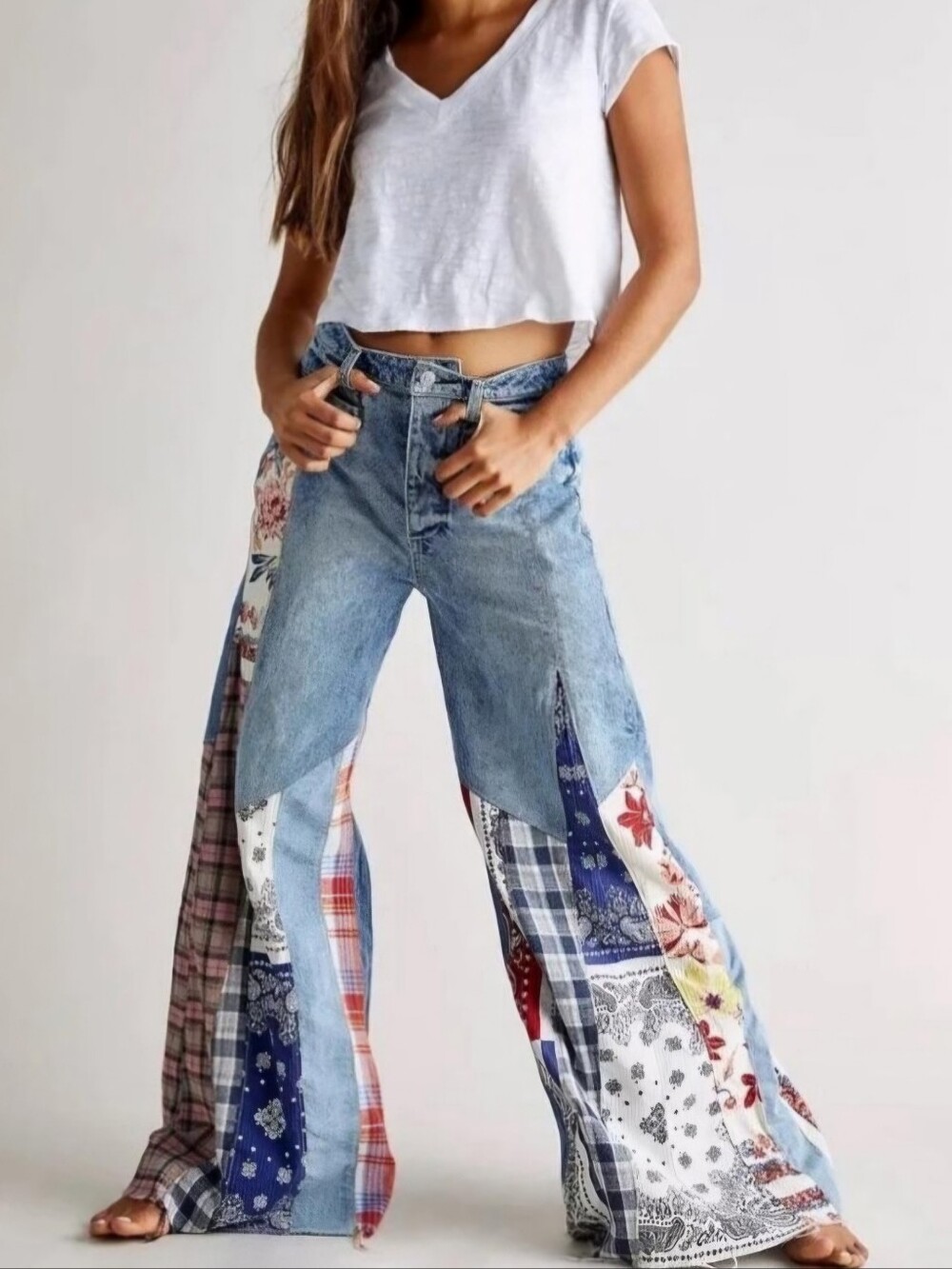 Wide-Leg Patchwork Blue Jeans for Women
